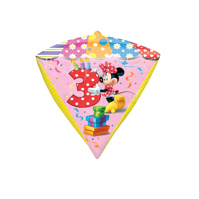 45 cm-es Minnie 3th Birthday gyémánt alakú fólia lufi