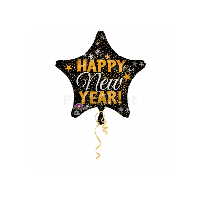 45 cm-es arany-ezüst színű konfettis Happy New Year csillag alakú fólia lufi