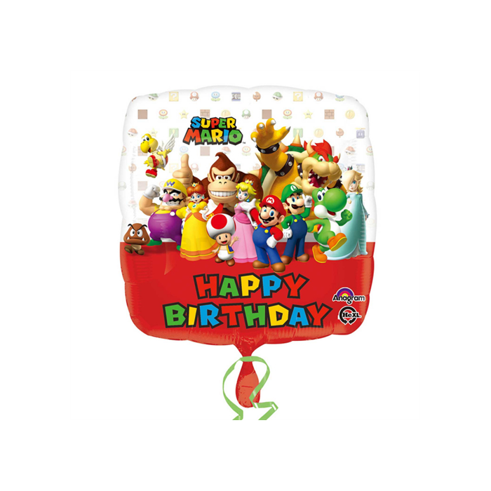 45 cm-es Super Mario Happy Birthday négyzet alakú fólia lufi