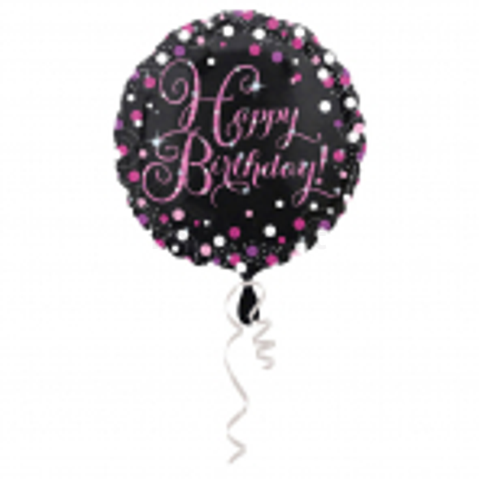 45 cm-es Happy Birthday pink-fekete fólia lufi