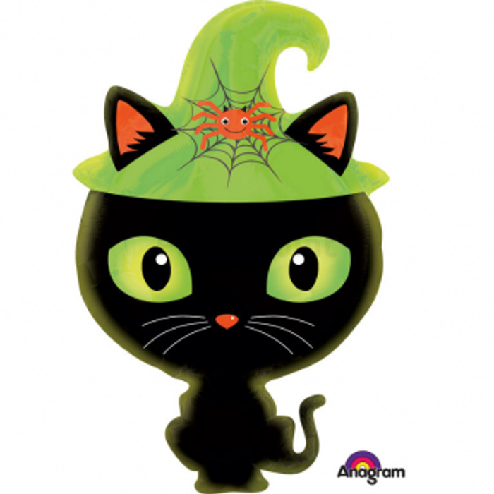 JuniorShape -Fekete macska kalapban fólia lufi, 58x38 cm