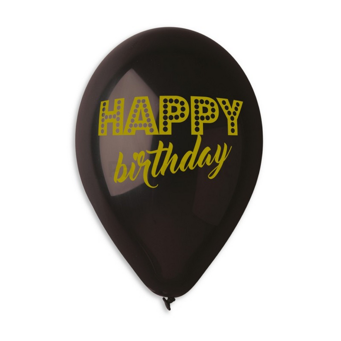 30 cm-es fekete arany - ezüst színű Happy Birthday nyomattal gumi léggömb