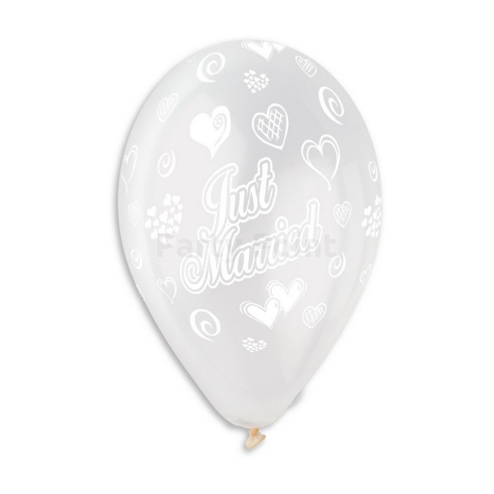 33 cm-es metál Just Married szíves printelt gumi léggömb 10 db/cs.
