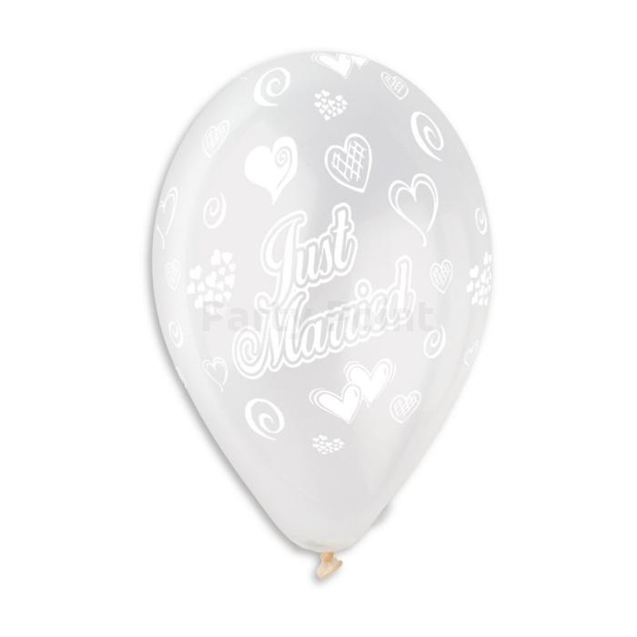 30 cm-es Just Married szivecskék átlátszó printelt léggömb 10db/cs.