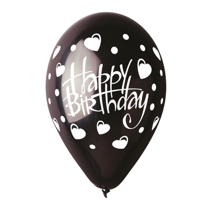 30 cm-es Happy Birthday teli szives fekete gumi léggömb - 100 db / csomag