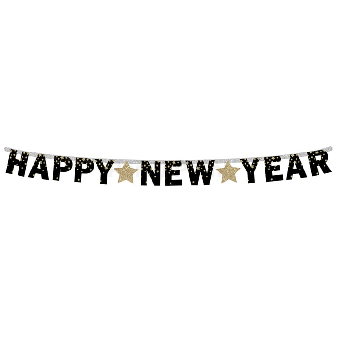 Fekete-arany Happy New Year füzér fólia háttérrel - 180 cm x 22 cm