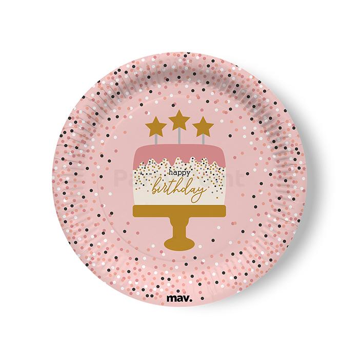 Happy Birthday konfettis rózsaszín tányér - 22,7 cm, 8 db / csomag
