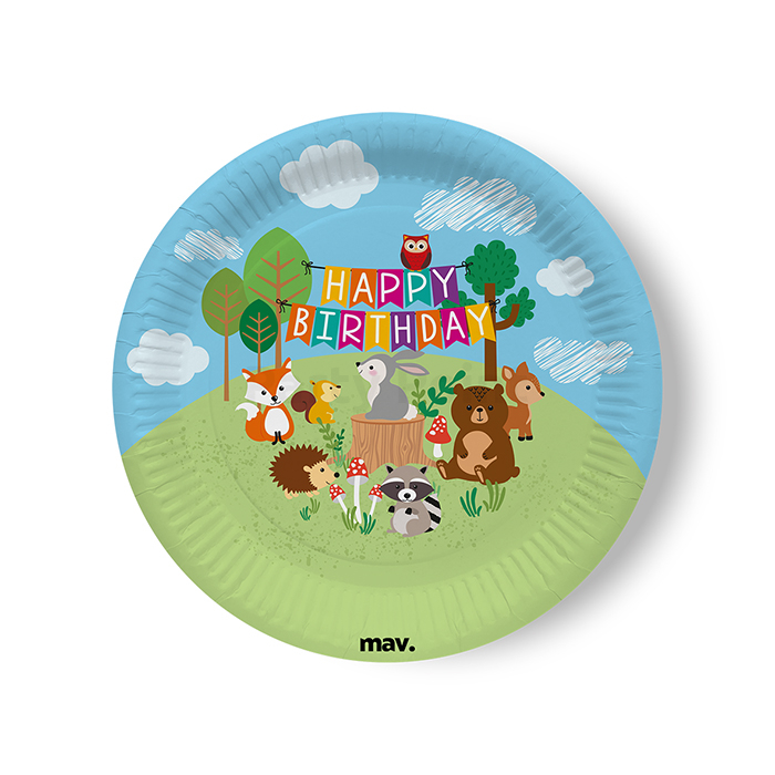 Happy Birthday Woodland tányér - 22,7 cm, 8 db / csomag