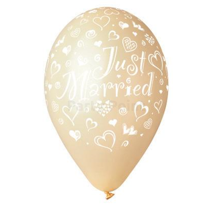 33 cm-es szives metál mustár Just Married printelt gumi léggömb - 10 db / csomag