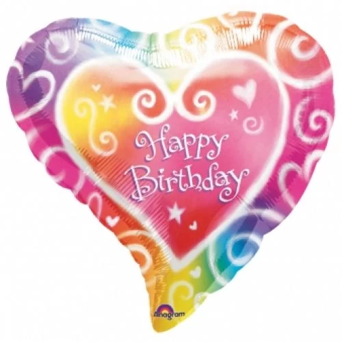 45 cm-es Happy Birthday szivárványos, szív alakú fólia lufi