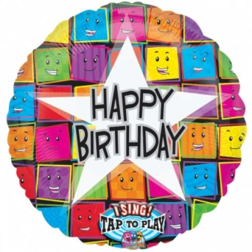 Sing-a-Tune-Zenélő Happy Birthday mosolygós arcok fólia lufi