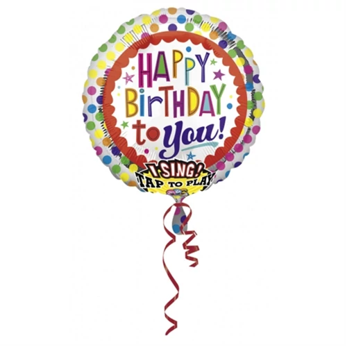 Sing-a-Tune-Zenélő Happy Birthday színes pöttyös fólia lufi