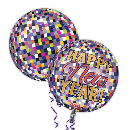 Orbz -Happy New Year diszkógömb fólia lufi, 40 cm