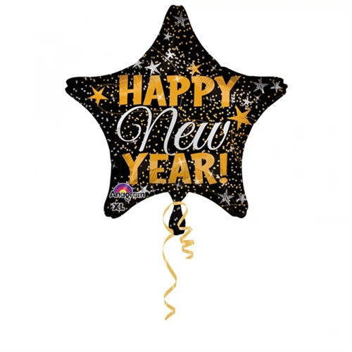 45 cm-es arany-ezüst színű konfettis Happy New Year csillag alakú fólia lufi