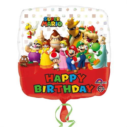 45 cm-es Super Mario Happy Birthday négyzet alakú fólia lufi