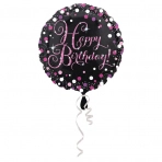 45 cm-es Happy Birthday pink-fekete fólia lufi