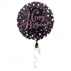 45 cm-es Happy Birthday pink-fekete fólia lufi