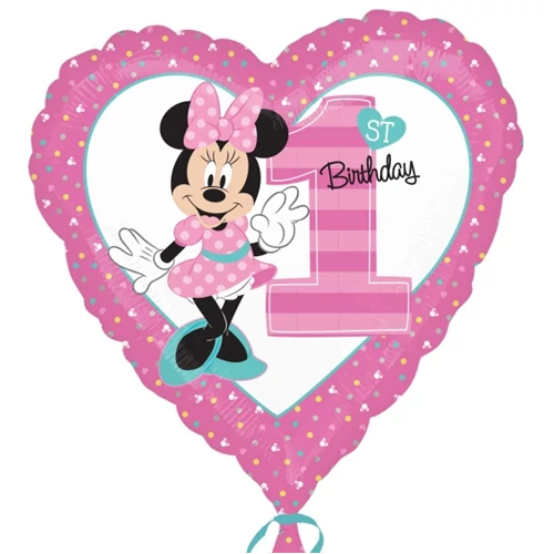 45 cm-es 1st Birthday Minnie szív alakú fólia lufi