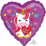 45 cm-es Unikornis Love you, szív alakú fólia lufi