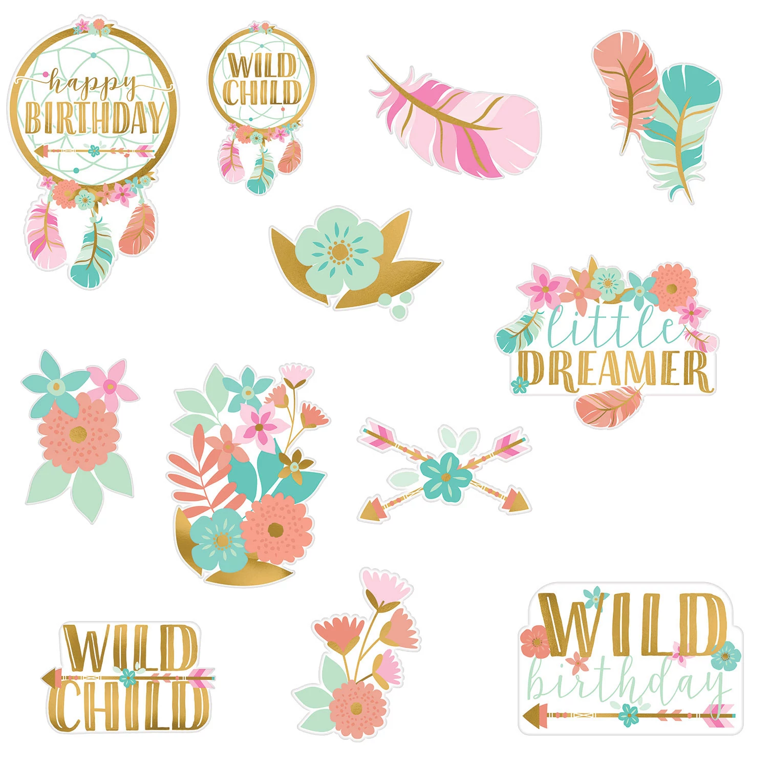 Boho Birthday Girl - Happy Birthday virágos-arany színű kivágható térdekoráció szett 12db/cs