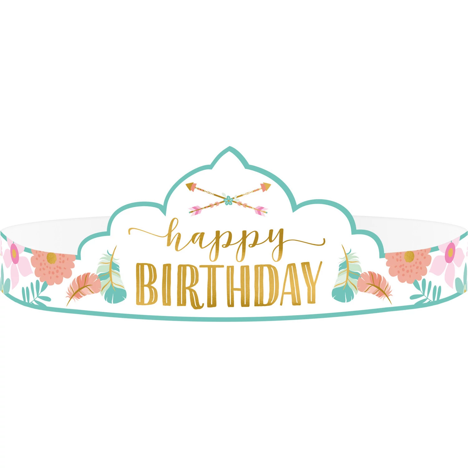Boho Birthday Girl - Happy Birthday virágos-arany papírtiara 8db/cs
