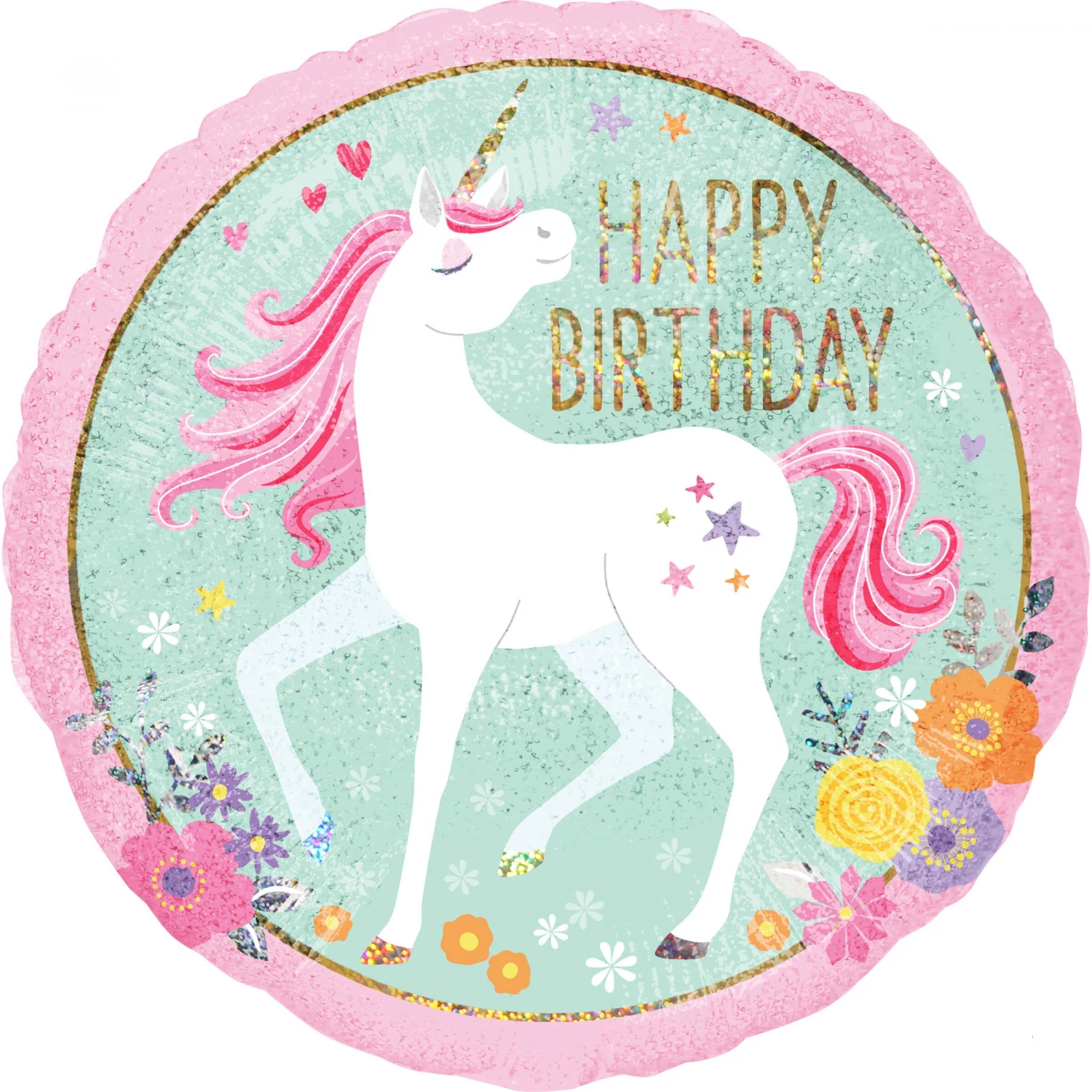 45 cm-es hologrammos Happy Birthday feliratos unikornis fólia lufi