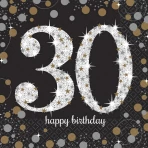 Happy Birthday 30. arany -ezüst prizmás szalvéta, 33x33 cm, 16db/cs