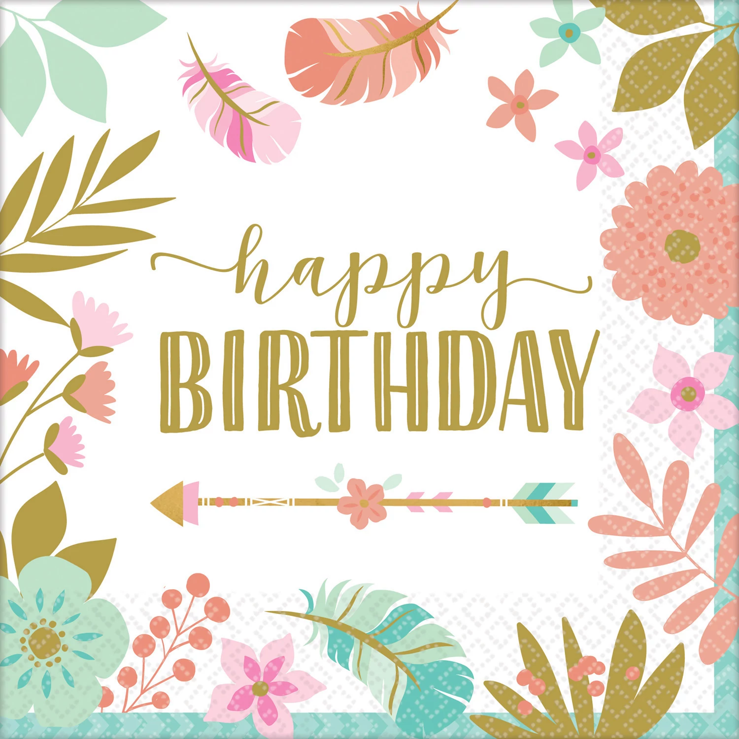 Boho Birthday Girl - Happy Birthday virágos-arany szalvéta 33x33cm-es, 16db/cs
