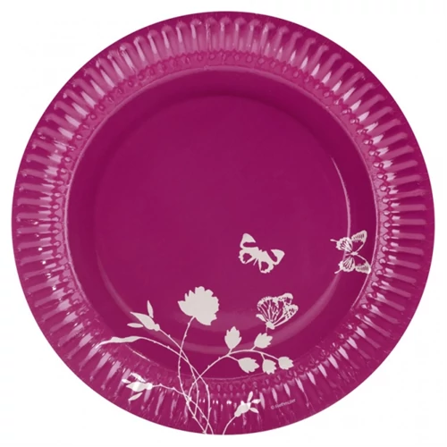 Pillangós pink papírtányér - 23 cm, 8 db / csomag
