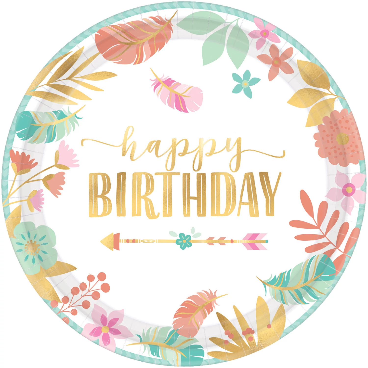 Boho Birthday Girl - Happy Birthday virágos-arany metál papírtanyér 27cm-es, 8db/cs