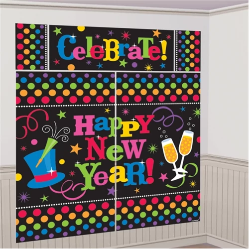 5 részes pöttyös, szerpentines Happy New Year faldekoráció