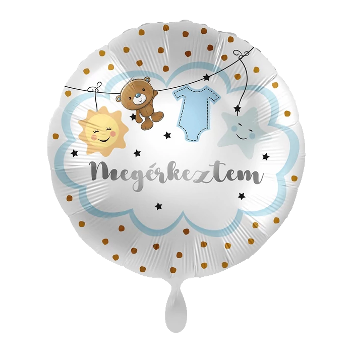 45 cm-es Megérkeztem feliratos világoskék fólia lufi