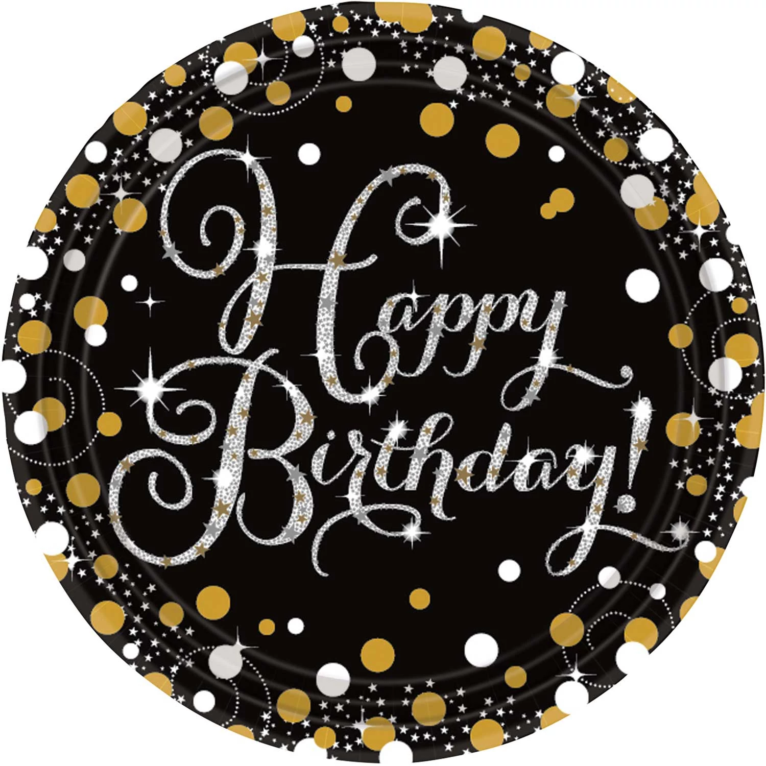 Happy Birthday arany -ezüst prizmás  papír tányér 23 cm 8 db/cs