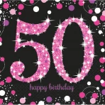 Happy Birthday 50. pink prizmás szalvéta, 33x33 cm, 16db/cs.
