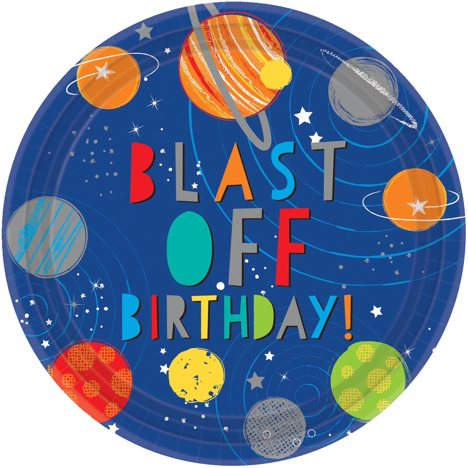 Blast Off - Happy Birthday bolygós metál papírtányér 23cm-es, 8db/cs