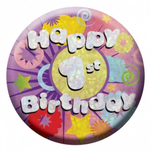 Hologramos Happy Birthday kitűző 1.  születésnapra - 55 mm