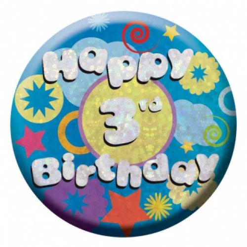 Hologramos Happy Birthday kitűző 3. születésnapra - 55 mm