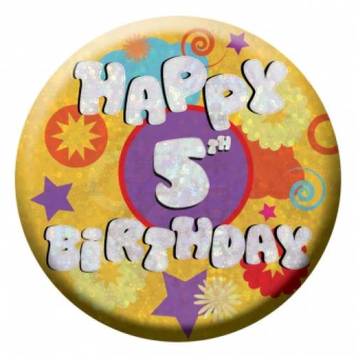 Hologramos Happy Birthday kitűző 5. születésnapra - 55 mm