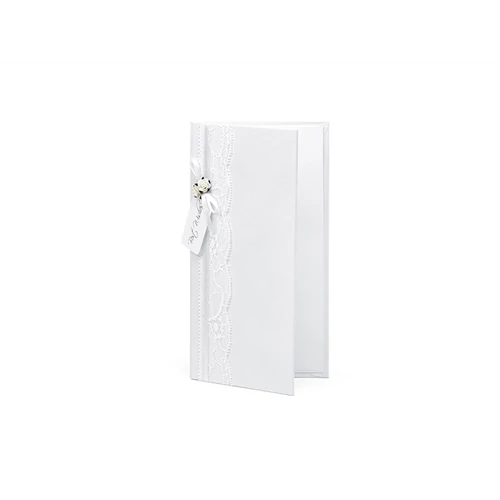 Metál fehér pénztartó csipkével esküvőre 10,5 x 19,5 cm