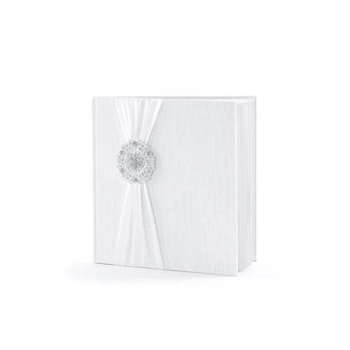 Esküvői fehér vendégkönyv rozettával 22 lappal 20,5 x 20.5 cm