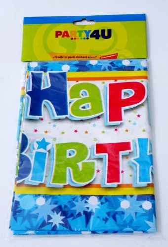 Kék Happy Birthday műanyag asztalterítő 130x180 cm Ω