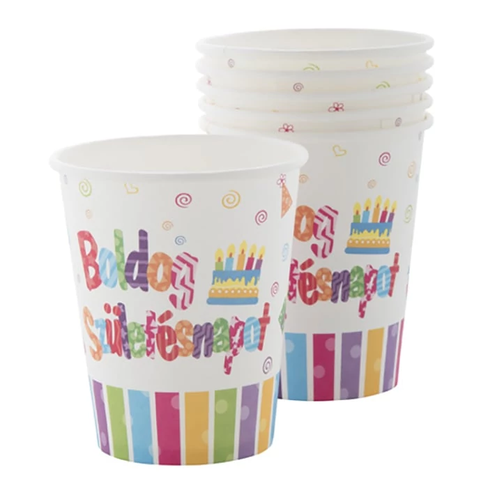 Boldog Születésnapot tortás papírpohár - 250 ml, 6 db / csomag