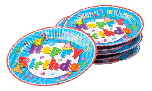 Tányér Happy Birthday csákós, színes 18 cm 6 db/cs.
