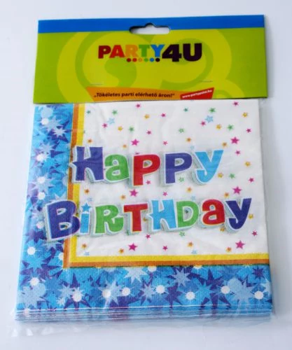 Kék Happy Birthday szalvéta 33x33 cm 12 db/cs.