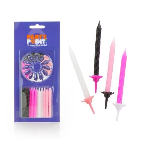 Gyertya pink-fekete-fehér színben, 24 db + 12 tartó