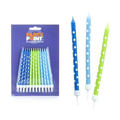 Pöttyös gyertya fiúknak 10 cm, 24 db + 24 tartó