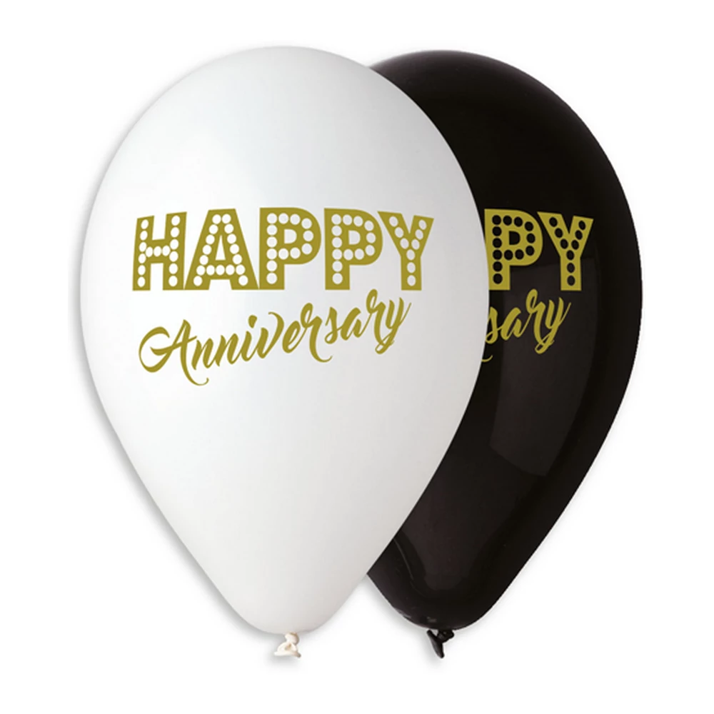 30 cm-es fekete Happy Anniversary arany printelt gumi léggömb - 10 db / csomag