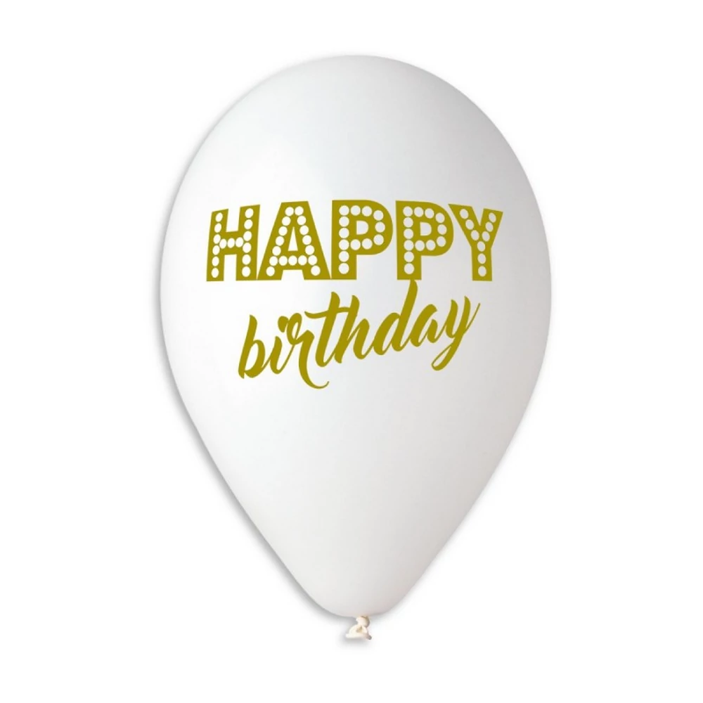 30 cm-es fehér arany-ezüst színű Happy Birthday nyomattal gumi léggömb 10 db/cs