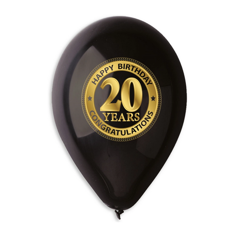 30 cm-es fekete 20. születésnapra gumi léggömb - 10 db / csomag