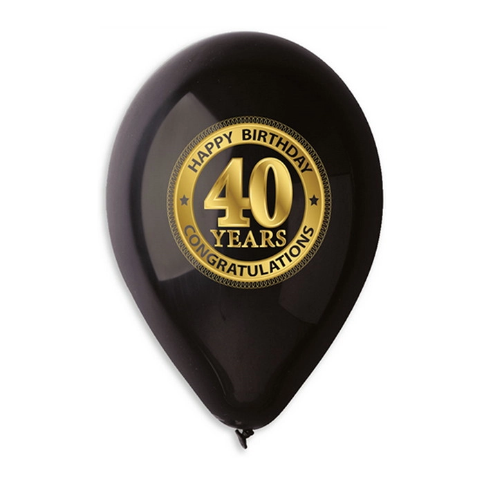 30 cm-es fekete 40. születésnapra gumi léggömb - 10 db / csomag